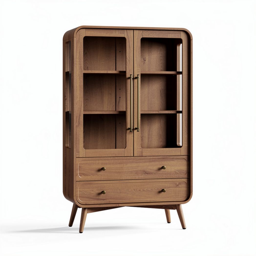 Wooden display cabinet with glass doors and two storage drawers 90 x 45 x 160cm