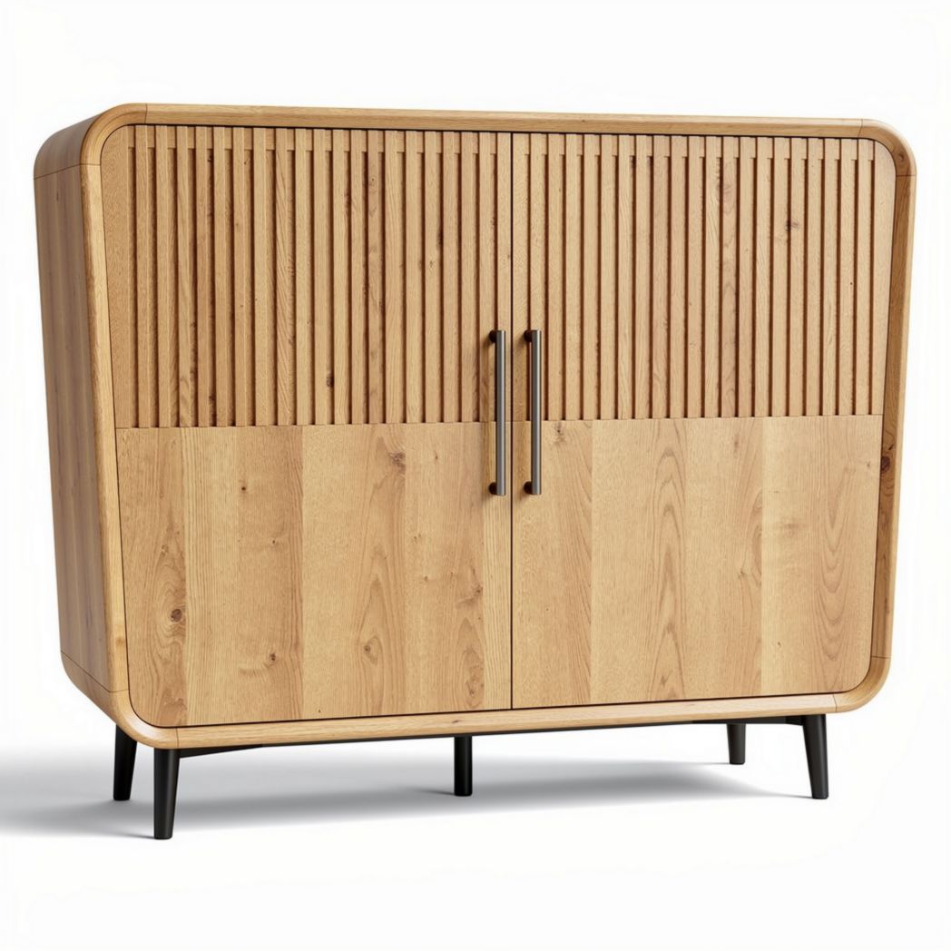 Wooden sideboard with slatted doors and black metal handles 90 x 40 x 80cm