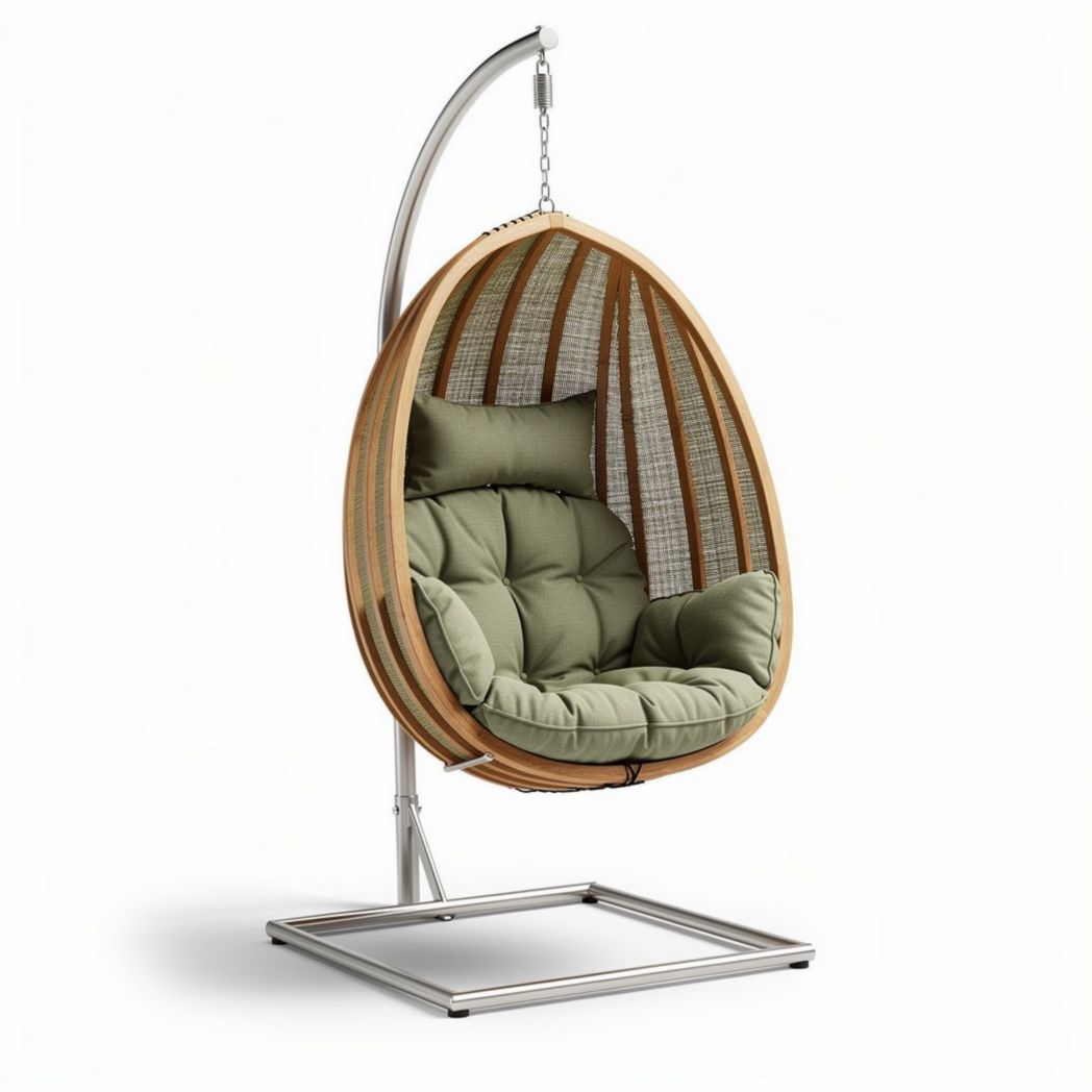 Hanging egg chair with cushion for outdoor and indoor use in green and wood finish