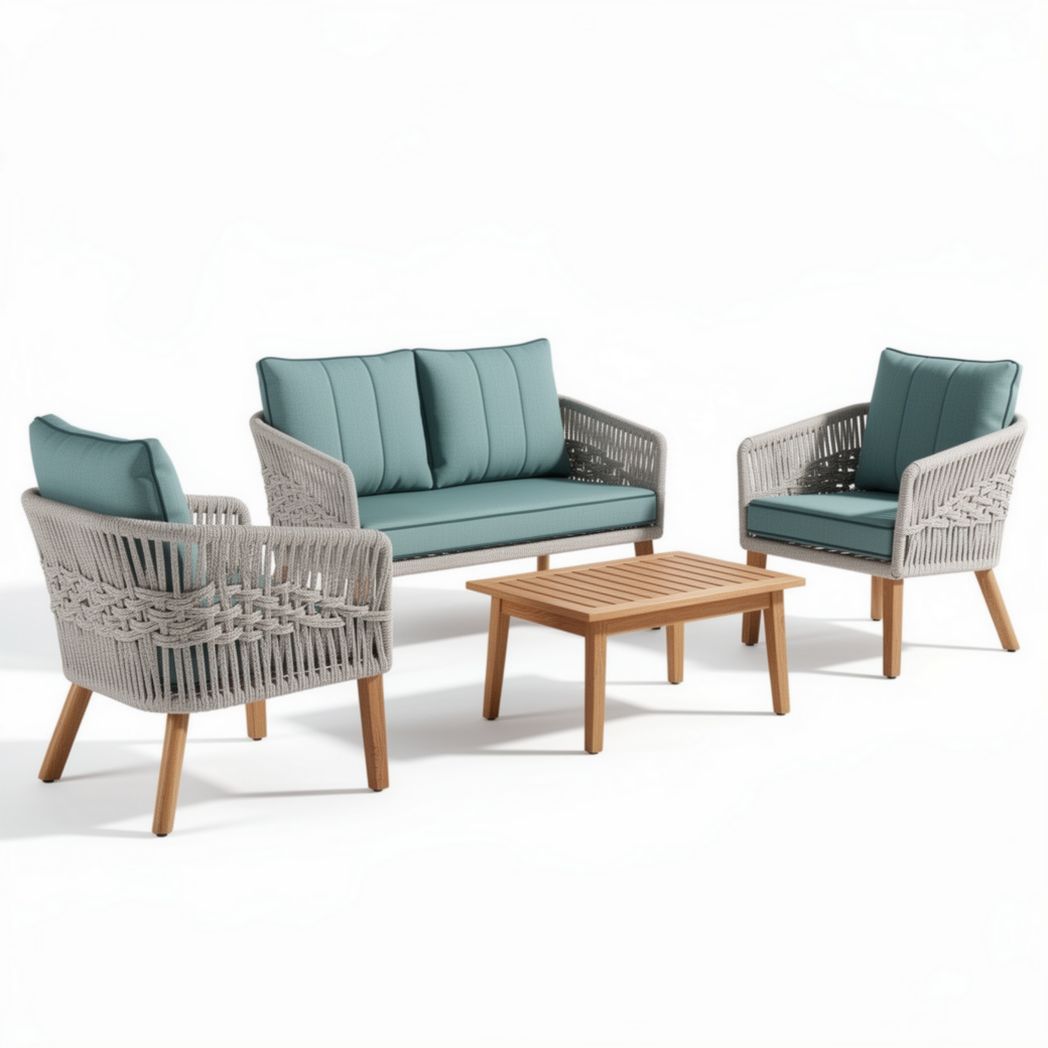 Outdoor rattan sofa set with teal cushions and wooden coffee table