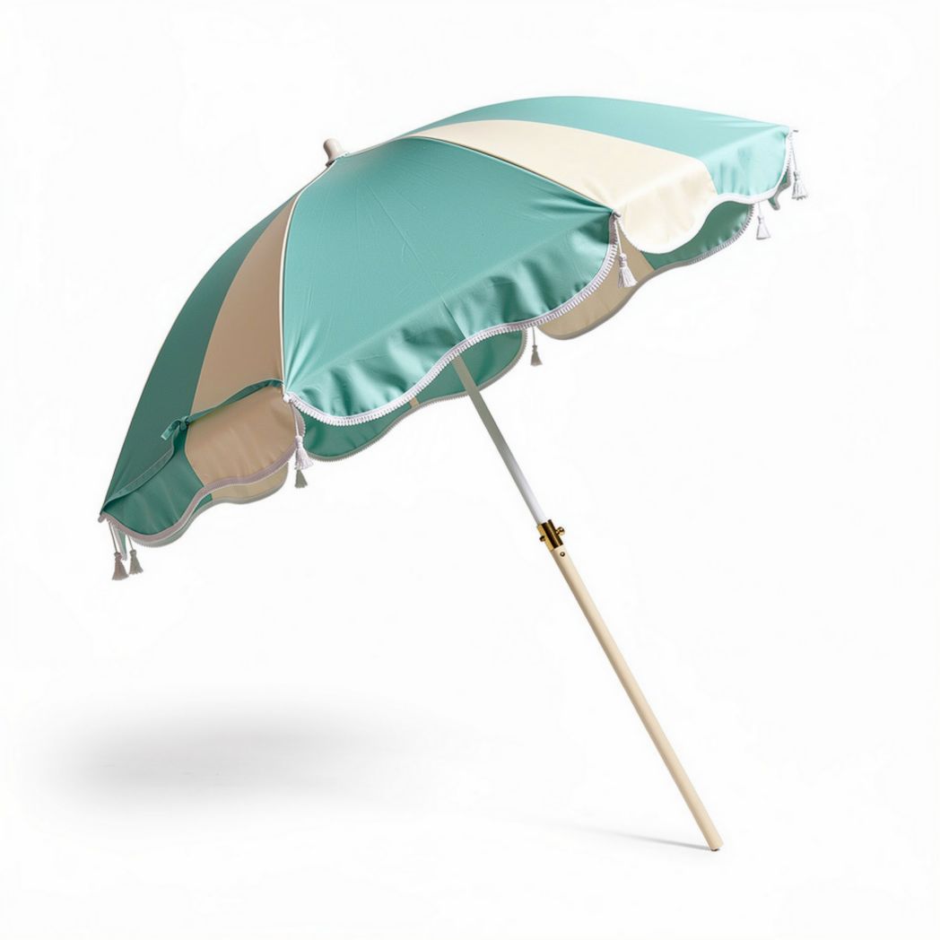 Beach umbrella in teal and cream with wooden pole and tassels 180 x 180 x 250cm