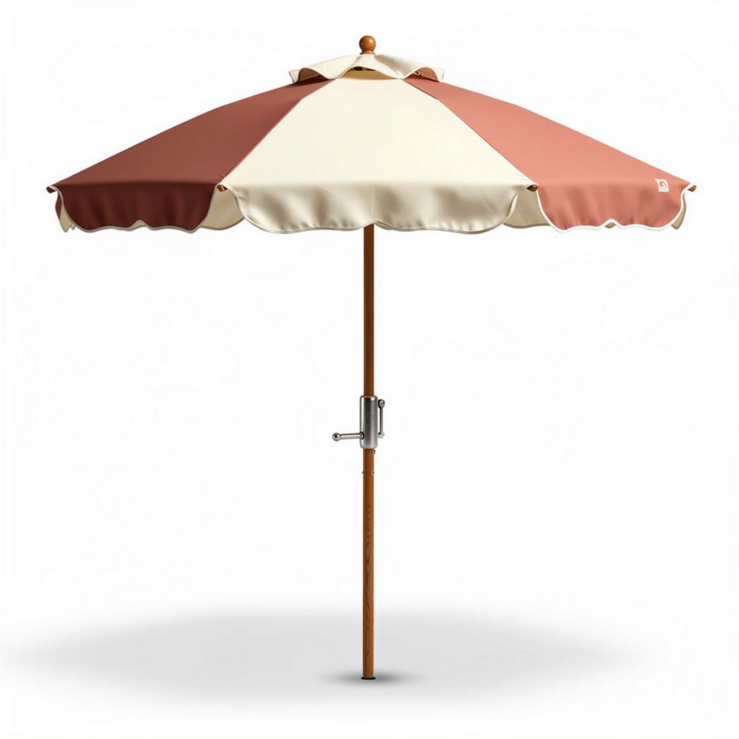 Outdoor patio umbrella with beige and terracotta canopy and wooden pole