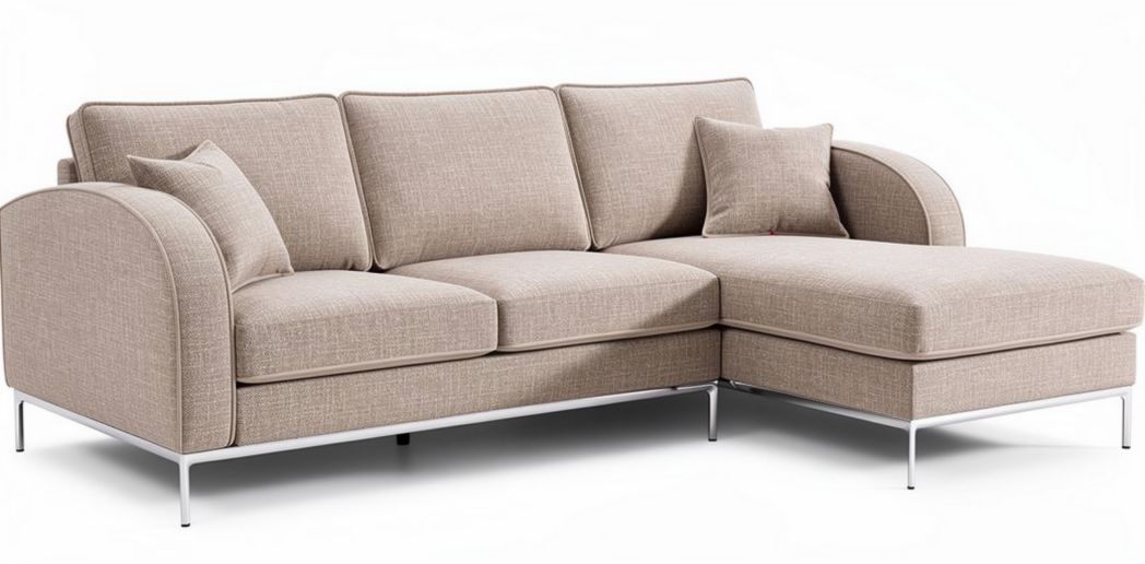 Beige fabric sectional sofa with brushed stainless steel legs 220 x 150 x 85cm