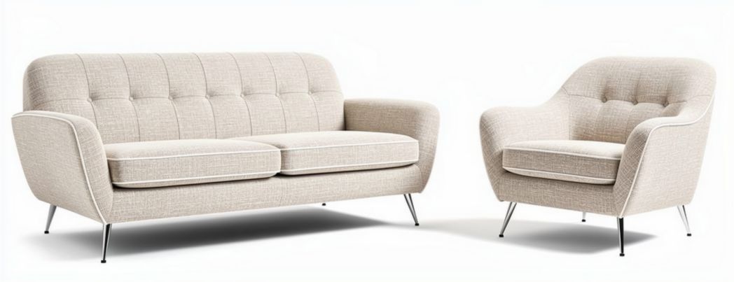 Fabric sofa and armchair set in light beige approximately 200 x 80 x 90cm
