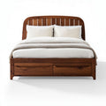 Wooden queen size bed with storage drawers and upholstered headboard