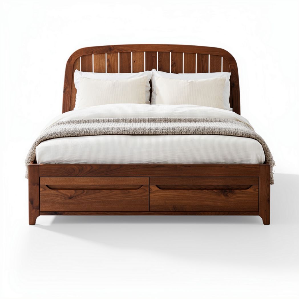 Wooden queen size bed with storage drawers and upholstered headboard