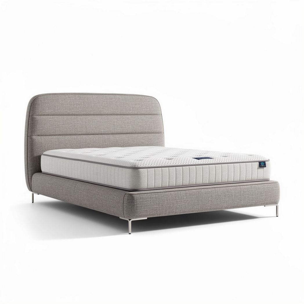 Modern upholstered bed frame with memory foam mattress in gray 200 x 160 x 30cm
