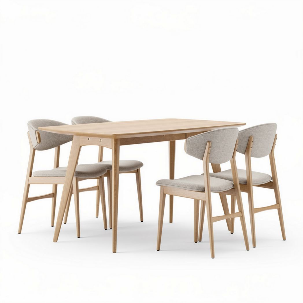 Wood dining table set with six upholstered chairs in light oak finish