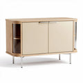 Modern wooden sideboard with beige doors and glass accents 120 x 45 x 80cm