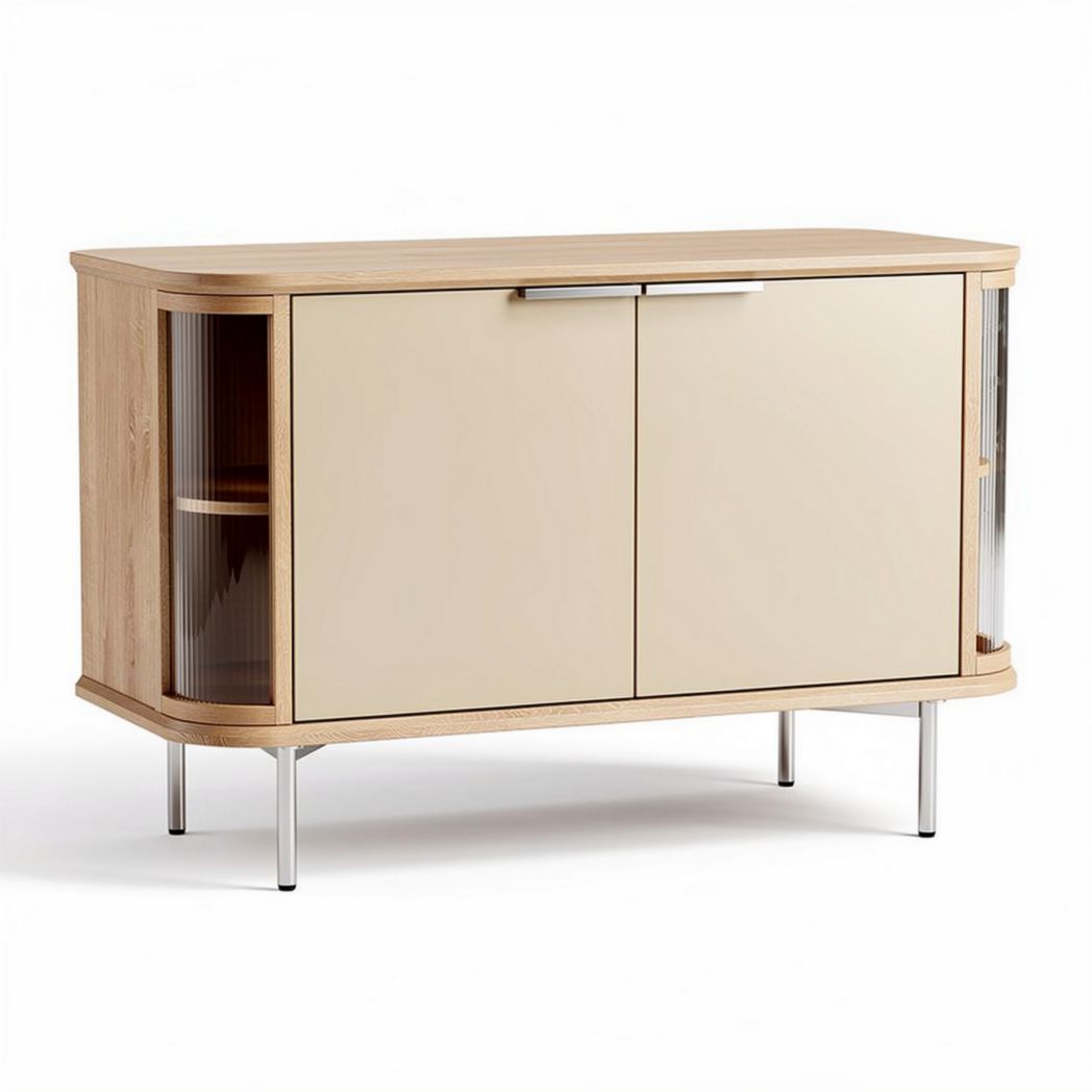 Modern wooden sideboard with beige doors and glass accents 120 x 45 x 80cm